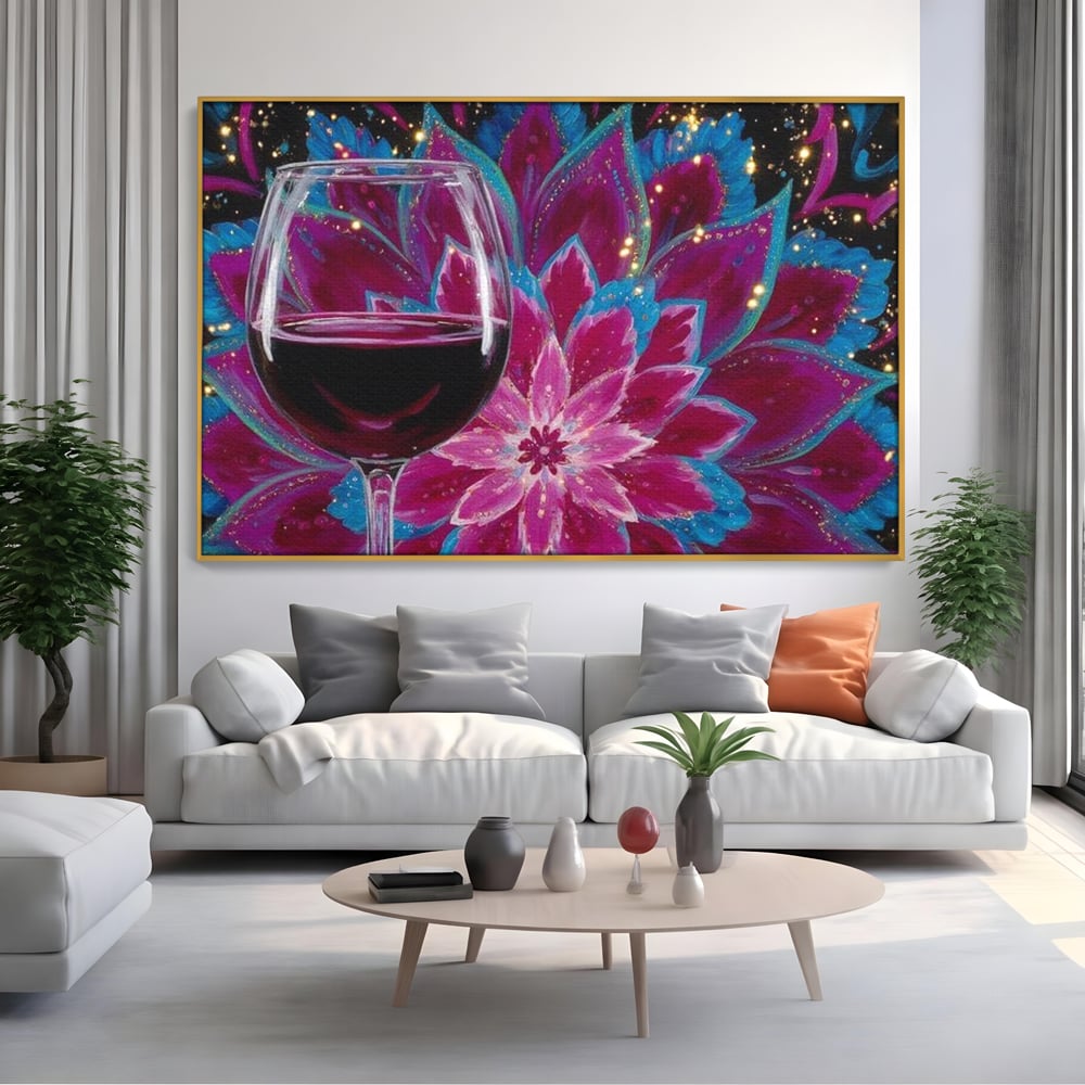 Tablou canvas cu tablou canvas cu pahar de vin si mandala, in rama de aluminiu auriu, pe perete intr-un living